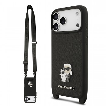 Zadní kryt Karl Lagerfeld Saffiano Crossbody Popruh Metal Karl and Choupette pro iPhone 17 Pro Max Black