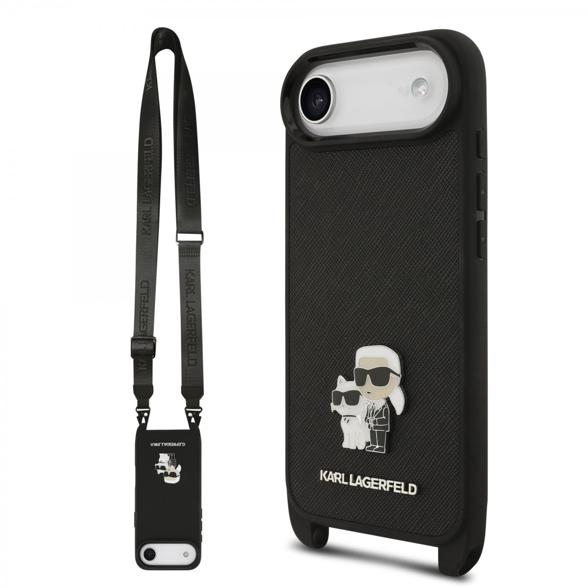 Levně Zadní kryt Karl Lagerfeld Saffiano Crossbody Popruh Metal Karl and Choupette pro iPhone 17 Air Black