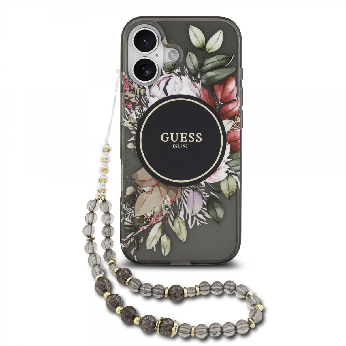 Levně Zadní kryt Guess IML Flowers Strap MagSafe pro iPhone 17 Black