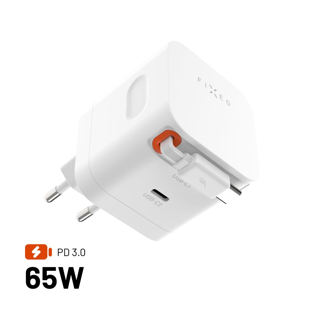 Levně Síťová GaN nabíječka FIXED s 2xUSB-C, podpora PD 3.0, se samonavíjecím kabelem, 65W, bílá