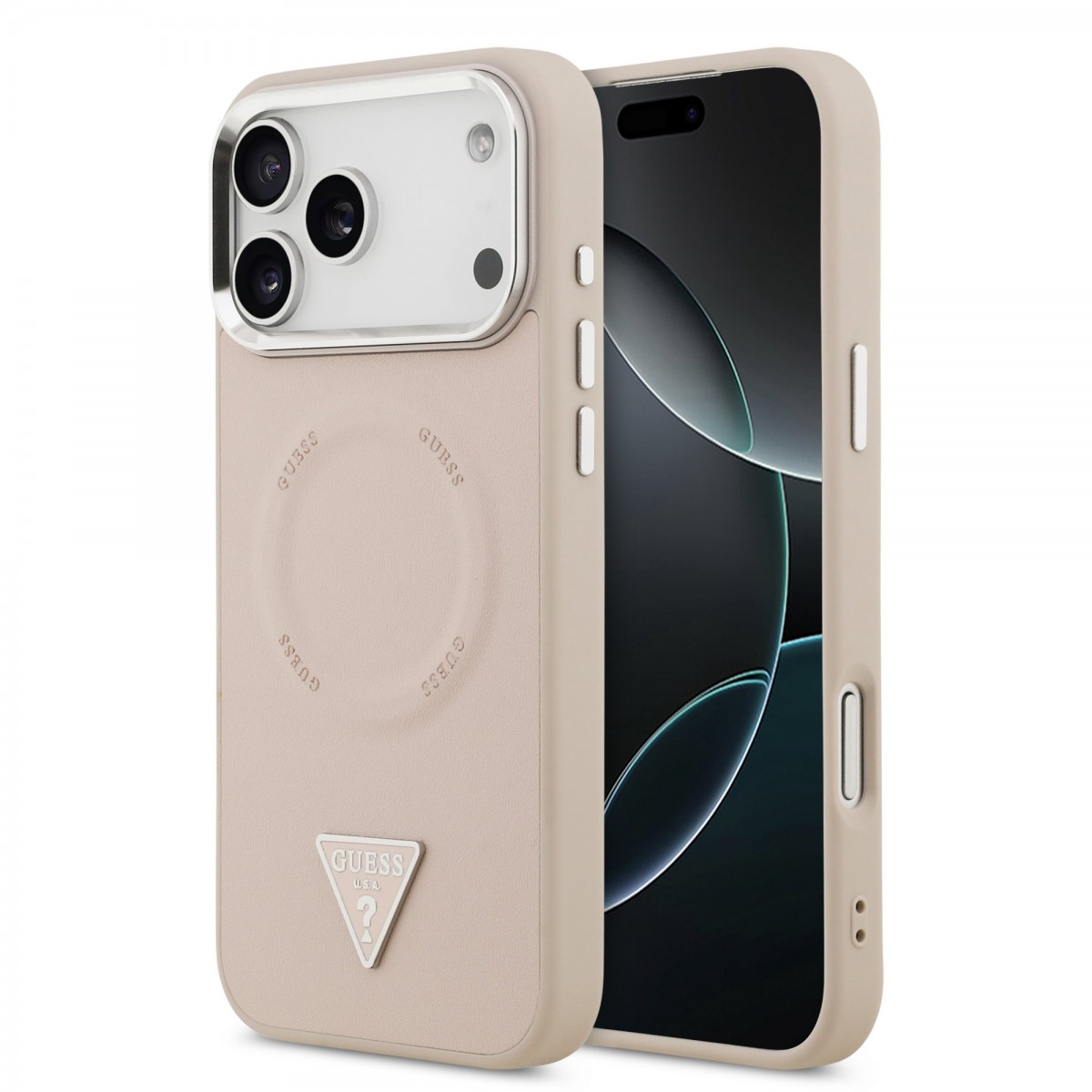 Levně Zadní kryt Guess PU Leather Triangle Logo MagSafe pro iPhone 17 Pro Pink