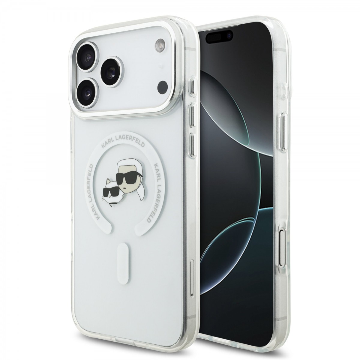 Levně Zadní kryt Karl Lagerfeld IML K&CH Heads Metal Frame MagSafe pro iPhone 17 Pro Max Transparent