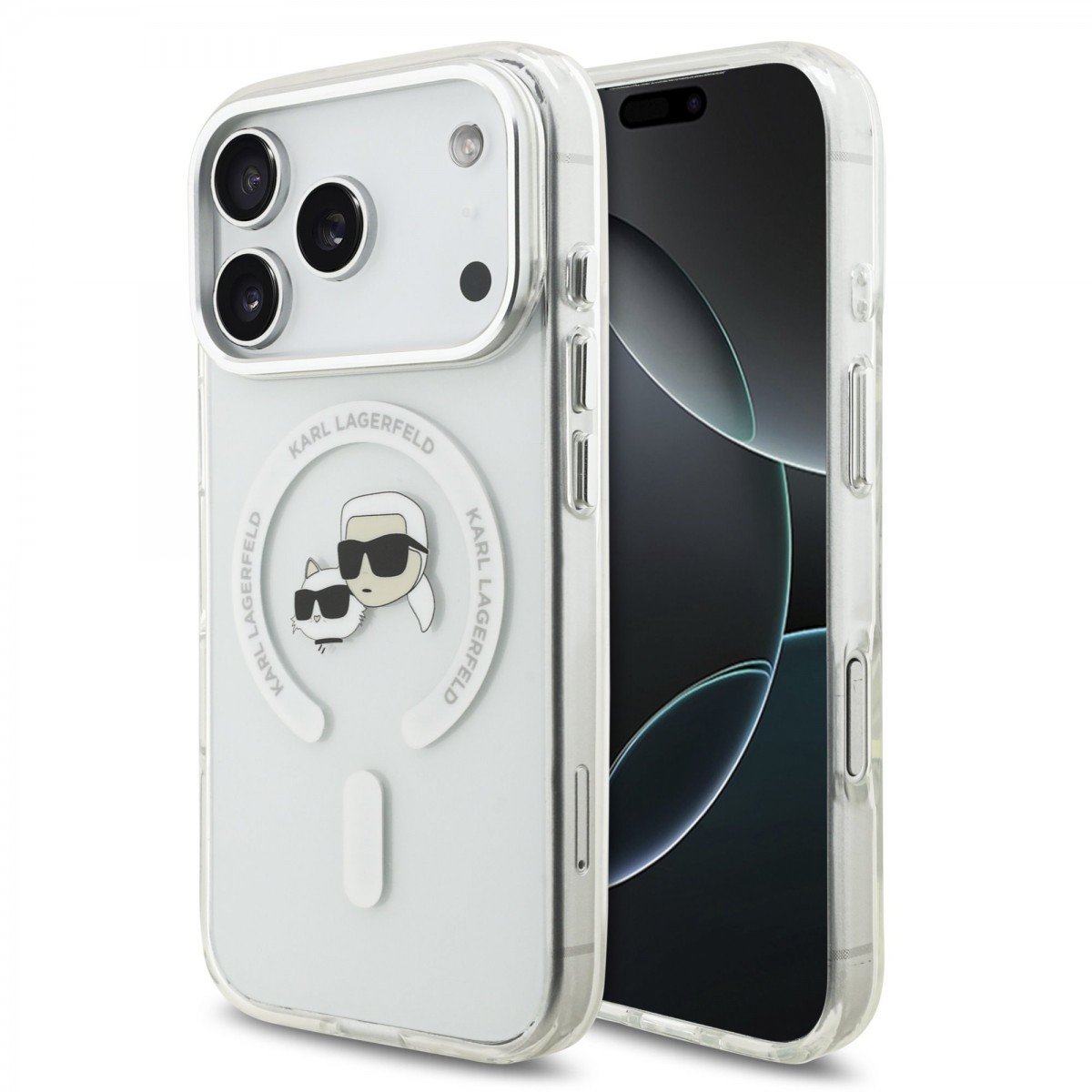 Levně Zadní kryt Karl Lagerfeld IML K&CH Heads Metal Frame MagSafe pro iPhone 17 Pro Transparent