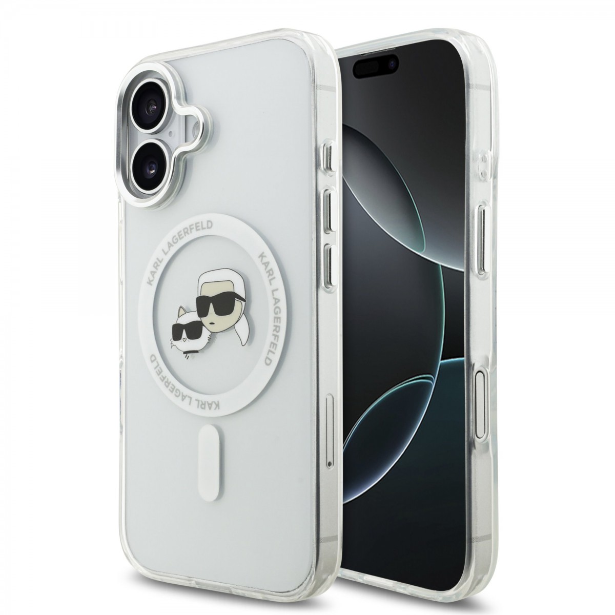 Zadní kryt Karl Lagerfeld IML K&amp;CH Heads Metal Frame MagSafe pro iPhone 17 Transparent