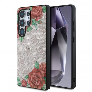 Zadní kryt Guess PU Leather 4G Flowers Print Metal Classic Logo MagSafe pro Samsung Galaxy S25 Ultra Pink