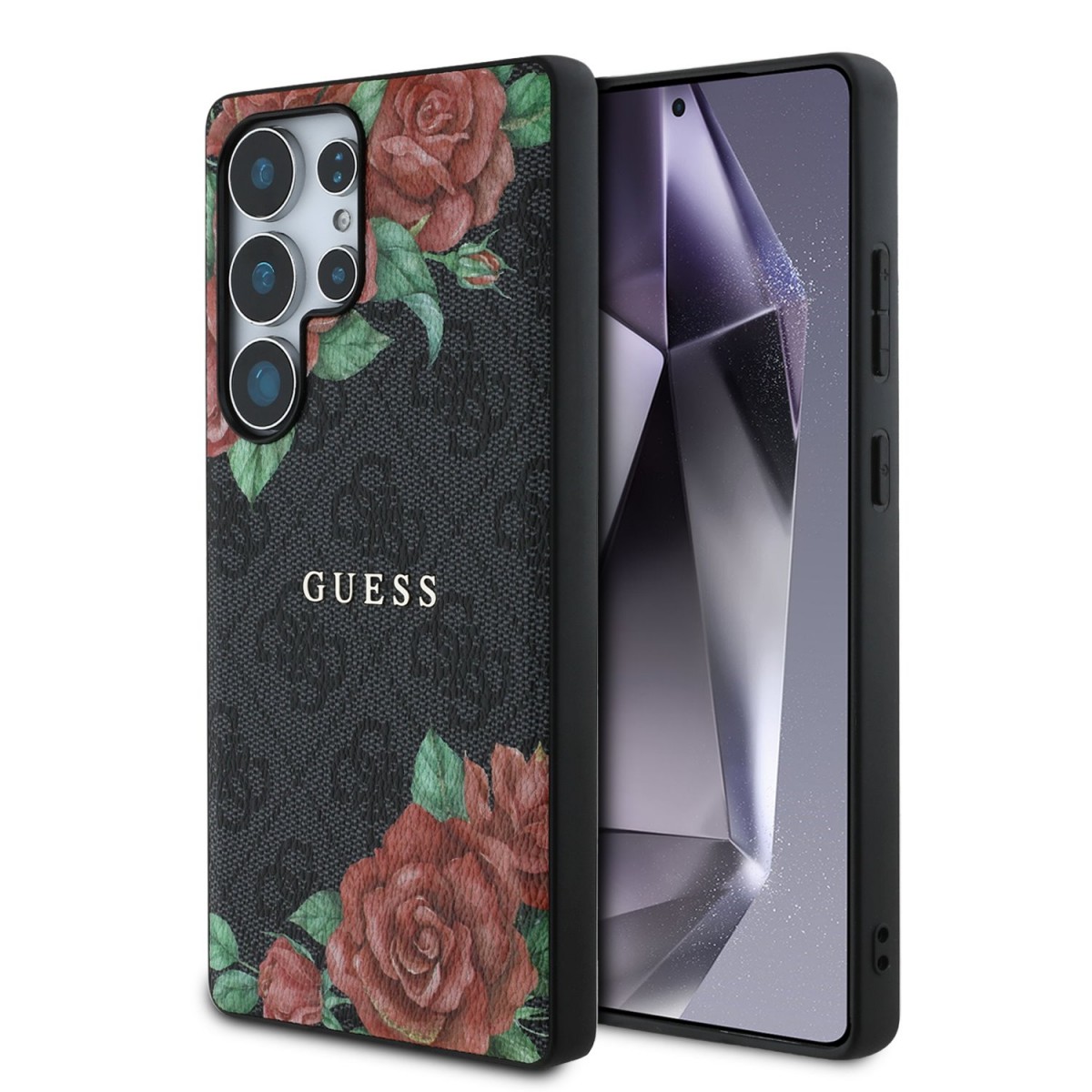 Levně Zadní kryt Guess PU Leather 4G Flowers Print Metal Classic Logo MagSafe pro Samsung Galaxy S25 Ultra Black