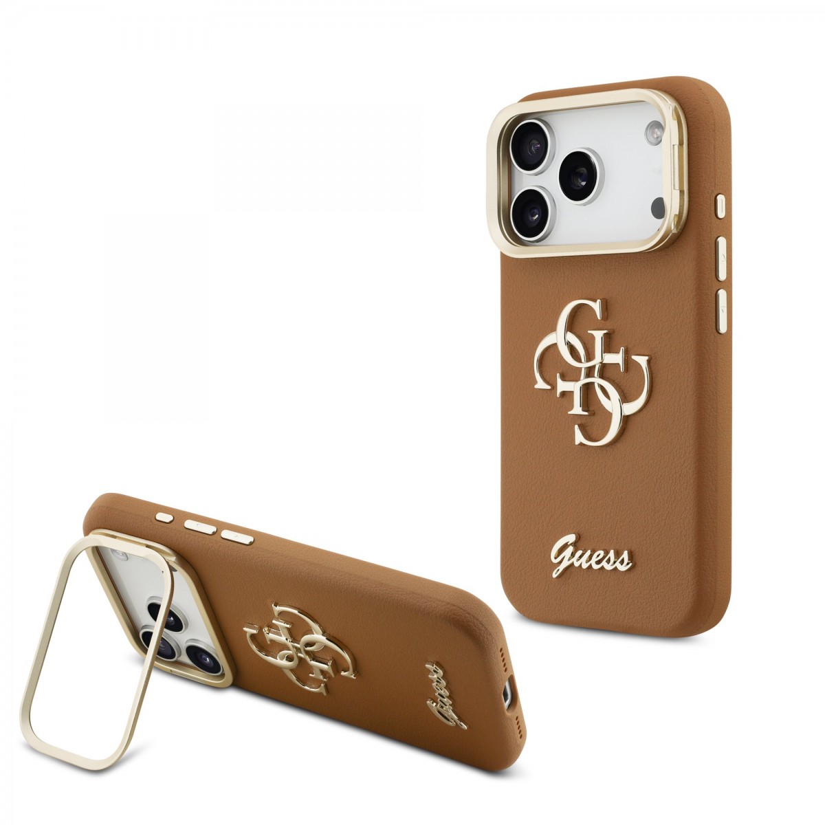Levně Zadní kryt Guess PU Grained 4G Logo Stand Camera Frame pro iPhone 17 Pro Brown