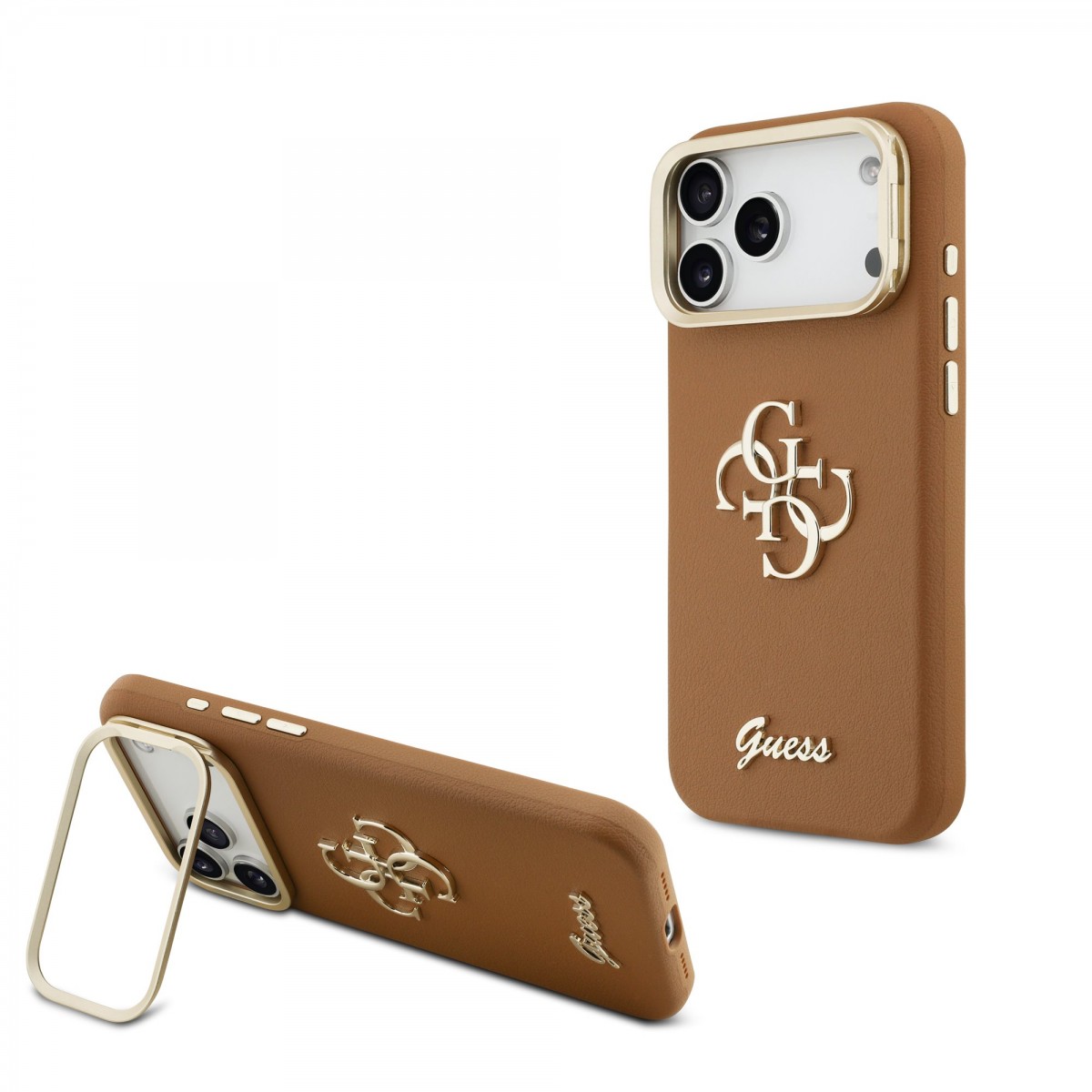 Levně Zadní kryt Guess PU Grained 4G Logo Stand Camera Frame pro iPhone 17 Pro Max Brown