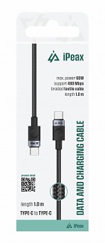 Textilní kabel iPeax USB-C - USB-C 1m, USB 2.0 černý
