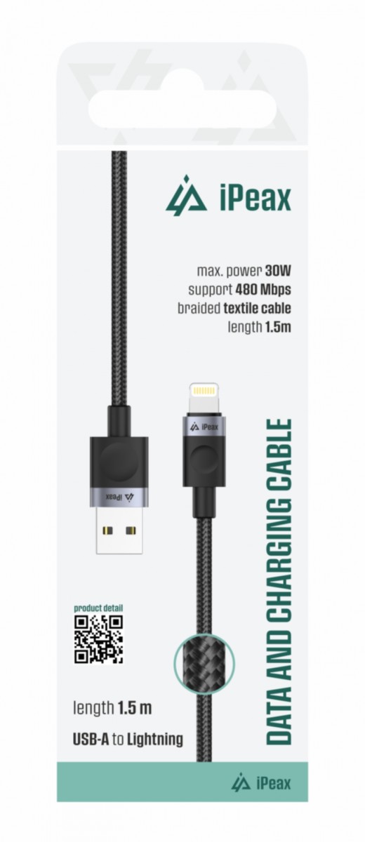 Levně Textilní kabel iPeax USB-A - Lightning 1,5m, USB 2.0 černý