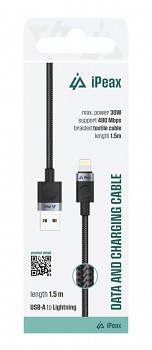 Textilní kabel iPeax USB-A - Lightning 1,5m, USB 2.0 černý
