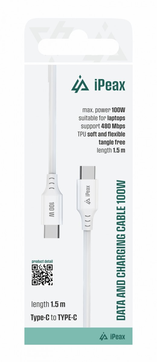 Levně TPU kabel iPeax USB-C - USB-C 1,5m, 5A, 100W bílý