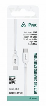 TPU kabel iPeax USB-C - USB-C 1,5m, 5A, 100W bílý