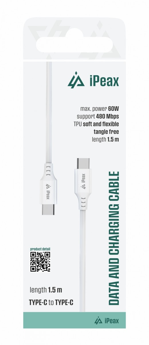 Levně TPU kabel iPeax USB-C - USB-C 1,5m, USB 2.0 bílý