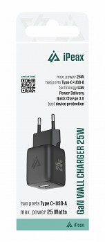 Adaptér iPeax GaN s funkcí rychlonabíjení 25W (USB-C + USB-A) černý