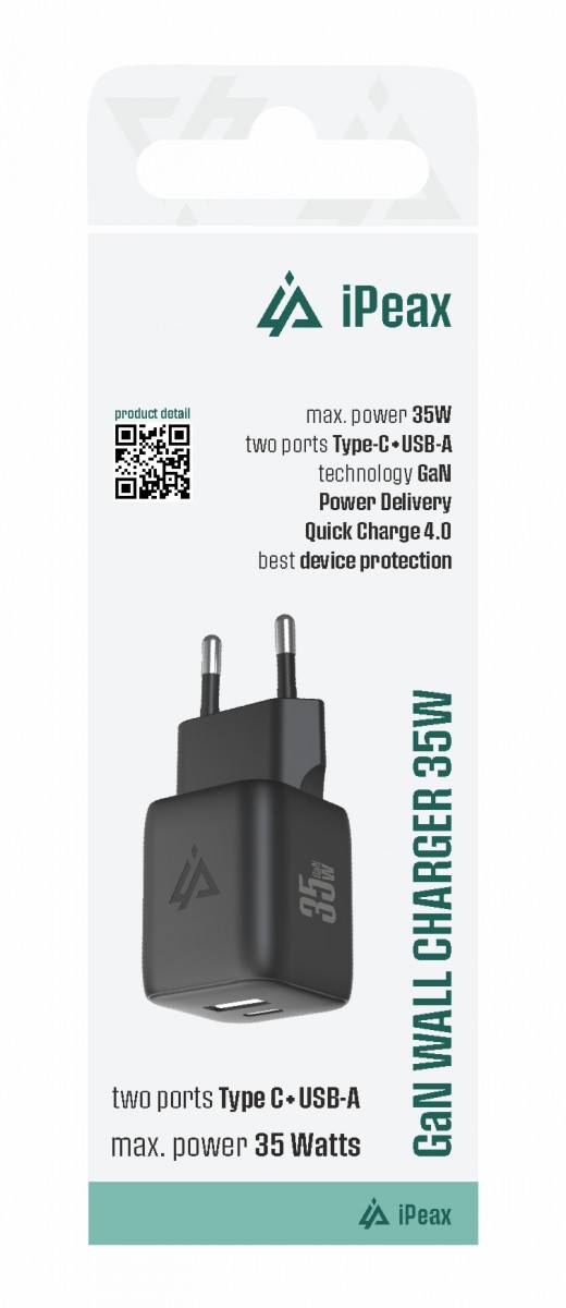 Levně Adaptér iPeax GaN s funkcí rychlonabíjení 35W (USB-C + USB-A) černý