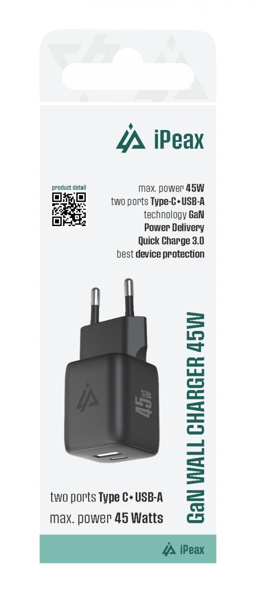 Levně Adaptér iPeax GaN s funkcí rychlonabíjení 45W (USB-C + USB-A) černý