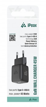 Adaptér iPeax GaN s funkcí rychlonabíjení 45W (USB-C + USB-A) černý