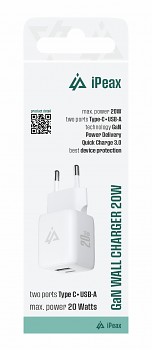 Adaptér iPeax GaN s funkcí rychlonabíjení 20W (USB-C + USB-A) bílý