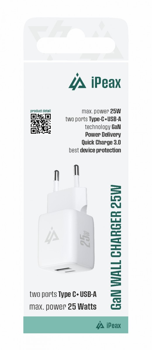 Levně Adaptér iPeax GaN s funkcí rychlonabíjení 25W (USB-C + USB-A) bílý