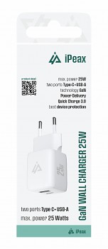 Adaptér iPeax GaN s funkcí rychlonabíjení 25W (USB-C + USB-A) bílý