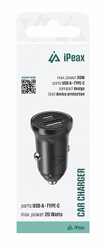 Adaptér do auta iPeax cl-03, PD, 20W, USB-C + USB-A černý