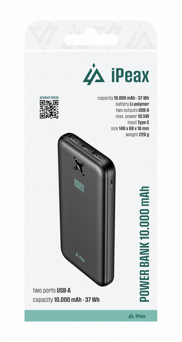 Powerbanka iPeax 10000 mAh, 10,5W, 2x USB-A černá