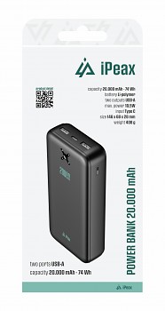Powerbanka iPeax 20000 mAh, 10,5W, 2x USB-A černá
