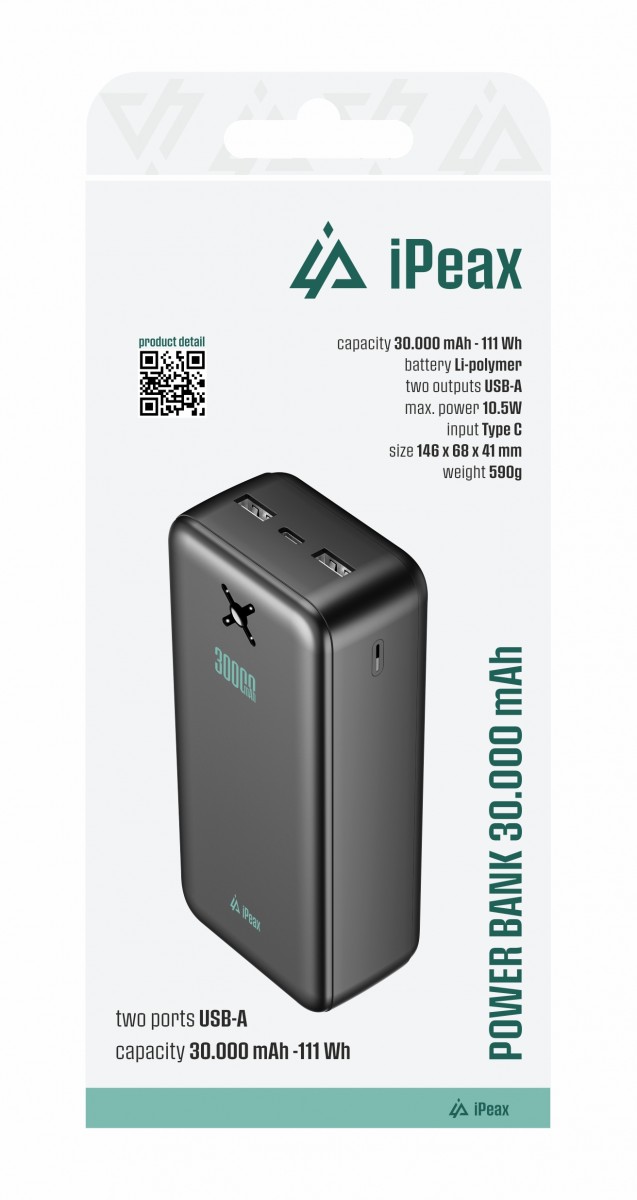 Powerbanka iPeax 30000 mAh, 10,5W, 2x USB-A černá