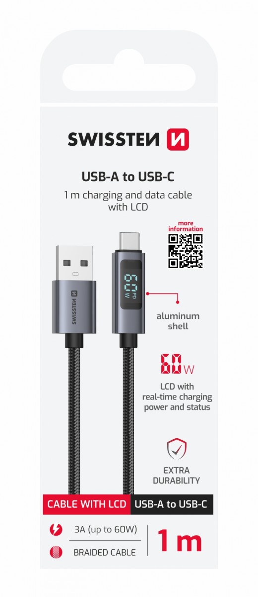 Levně Datový kabel Swissten LCD USB-A - USB-C 1 m