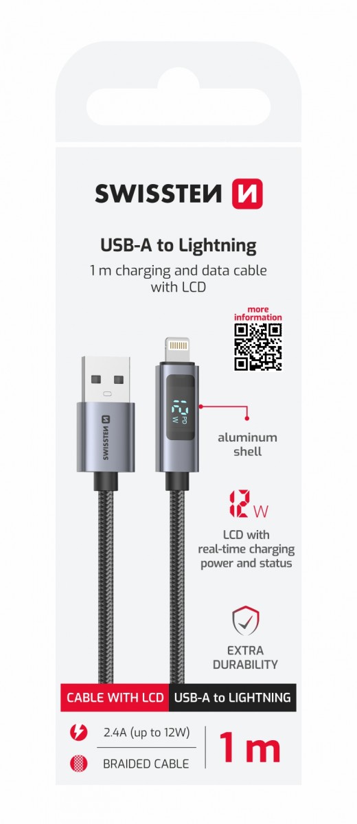 Levně Datový kabel Swissten LCD USB-A - Lightning 1 m
