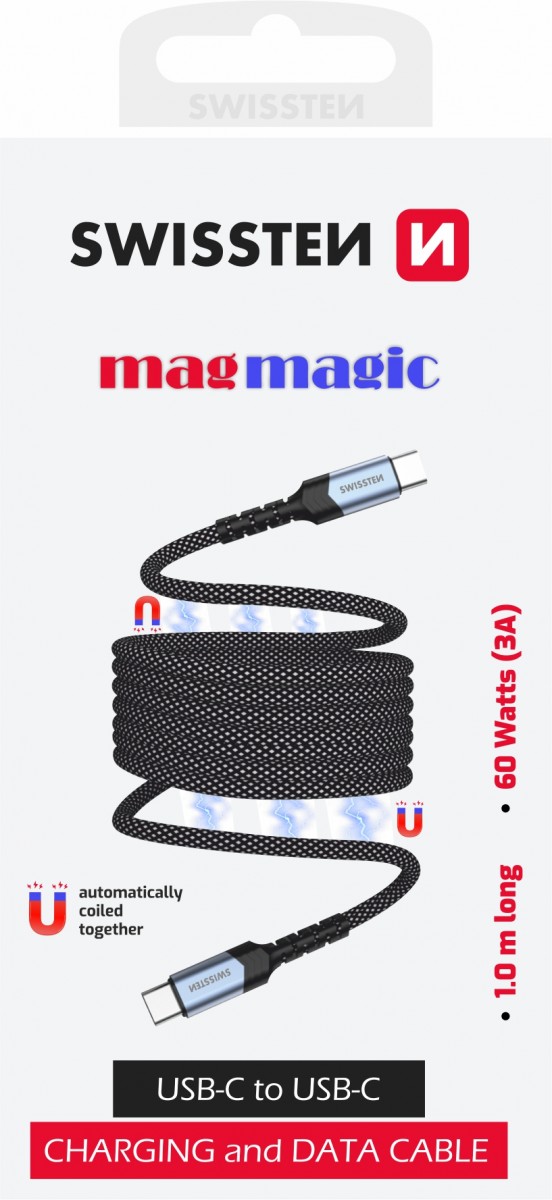 Levně Magnetický datový kabel Swissten samonavíjecí USB-C - USB-C 1 m