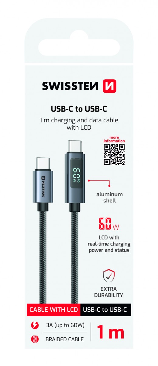 Levně Datový kabel Swissten LCD USB-C - USB-C 1 m