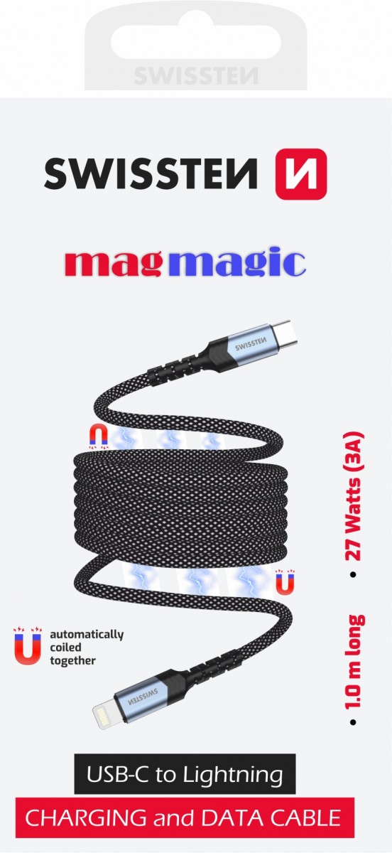 Levně Magnetický datový kabel Swissten samonavíjecí USB-C - Lightning 1 m