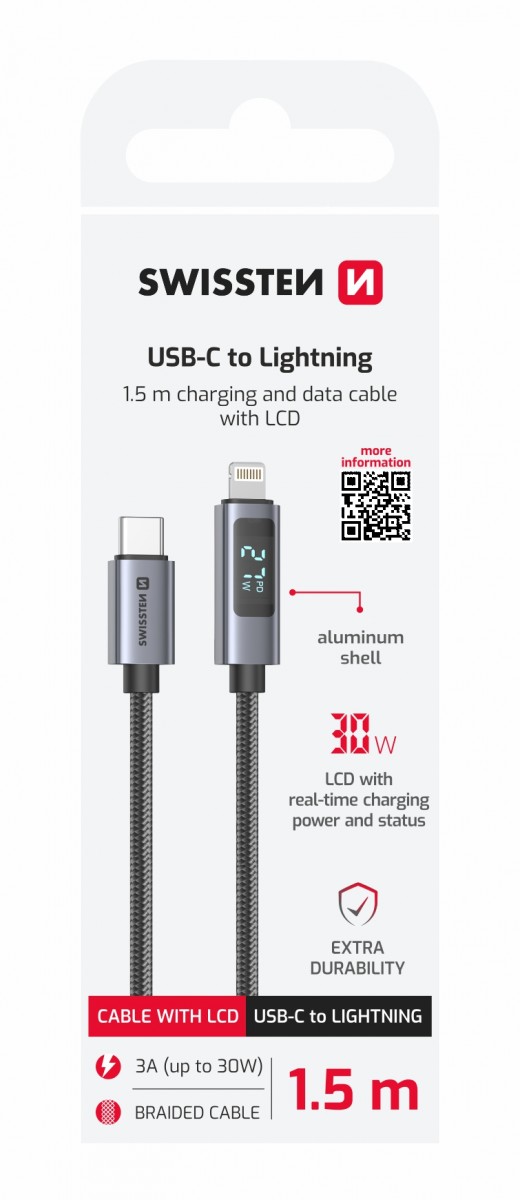 Levně Datový kabel Swissten LCD USB-C - Lightning 1,5 m