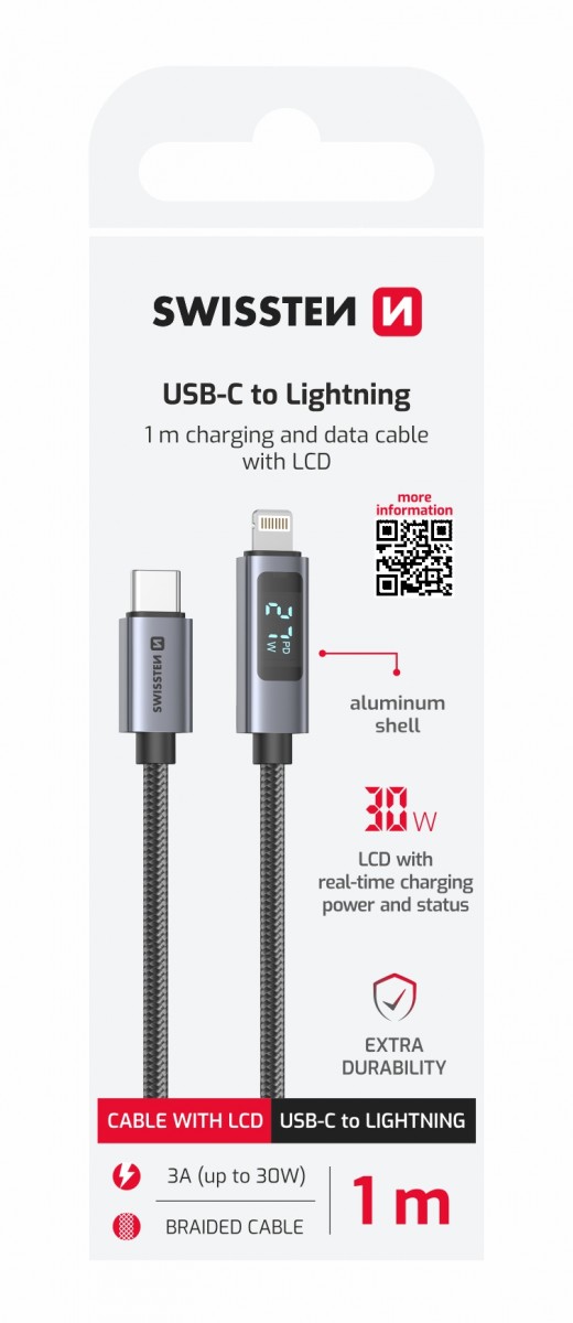Levně Datový kabel Swissten LCD USB-C - Lightning 1 m