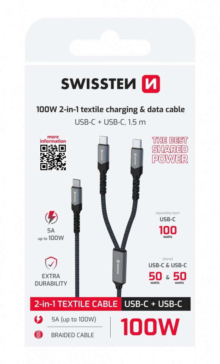 Levně Nabíjecí kabel Swissten 2v1 100W USB-C - 2x USB-C 1,5 m černý