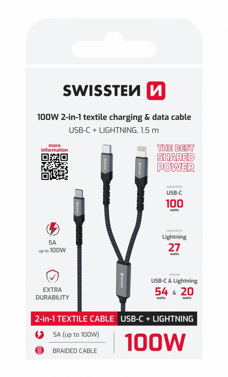 Levně Nabíjecí kabel Swissten 2v1 USB-C - USB-C + Lightning 100W 1,5 m černý