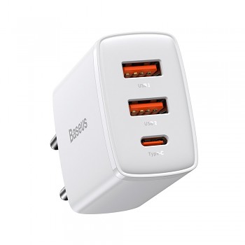 Baseus Nástěnná nabíječka Kompaktní USB-C PD 30W 2xUSB-A Bílá