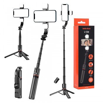 Techsuit L12D Selfie tyč stativ Bluetooth 2x LED 108cm Černá