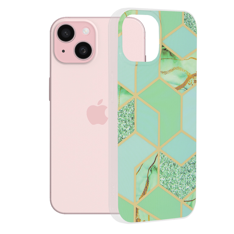 Levně Techsuit Mramorová série iPhone 15 Zelený Hex