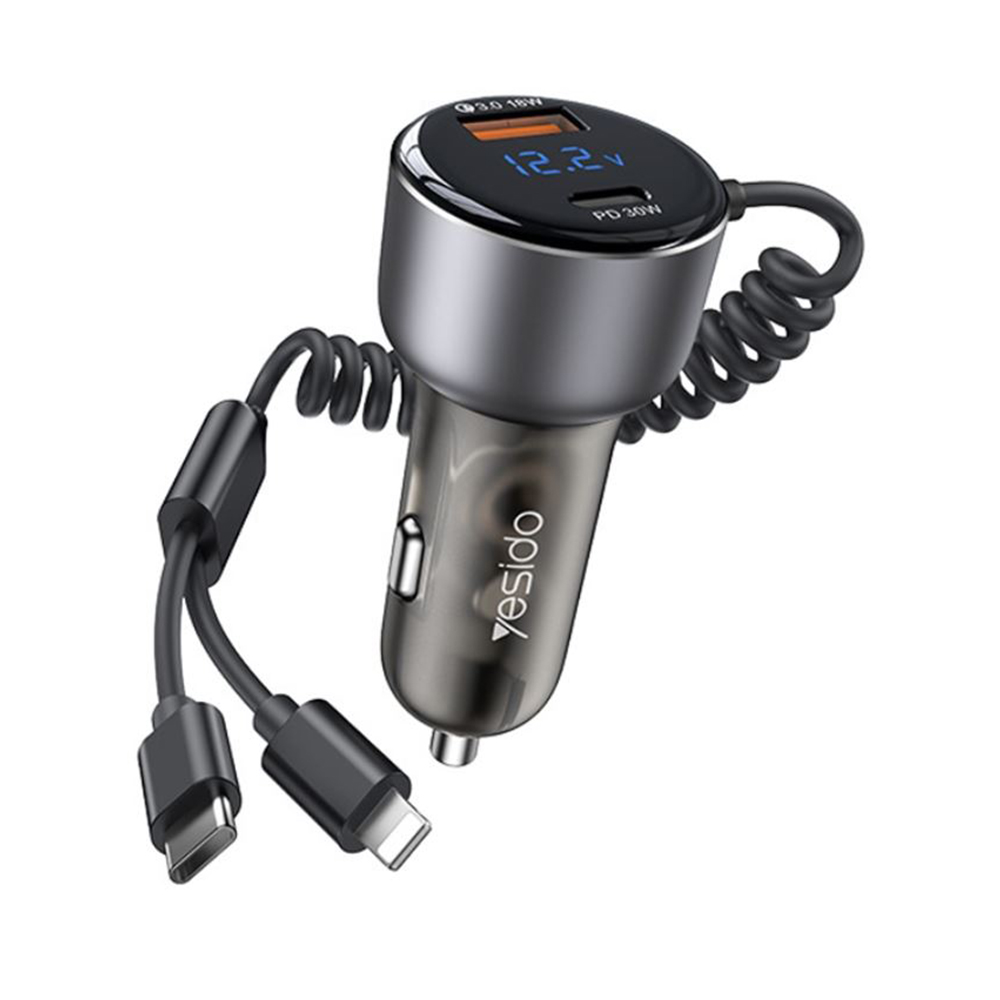 Levně Yesido Y58 Nabíječka do auta USB Type-C kabely Lightning Type-C 60W Šedá