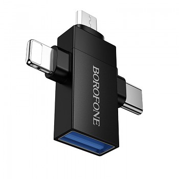 Adaptér Borofone BV26D - USB na Lightning-Type C-Micro USB - černý