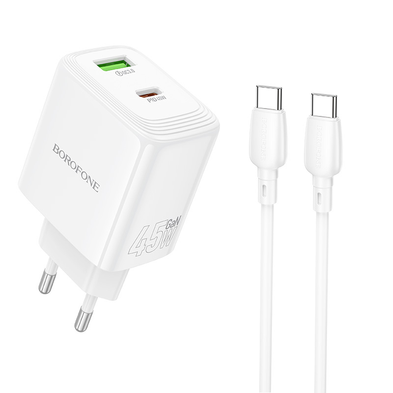 Levně Rychlonabíječka Borofone BN30 Cargador GaN - USB + Type C QC 3.0 PD 45W s kabelem Type C bílá