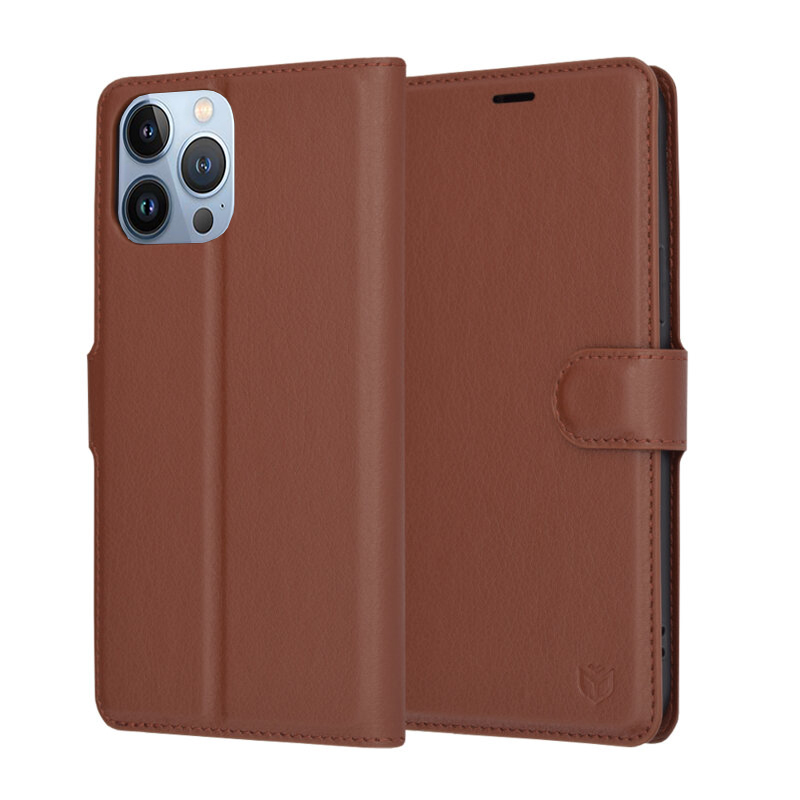 Levně Techsuit Kožené pouzdro iPhone 13 Pro Max Hnědé