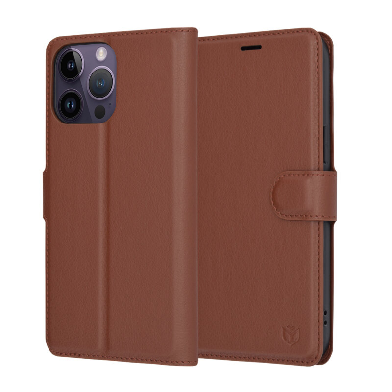 Levně Techsuit Kožené pouzdro iPhone 14 Pro Max Hnědý