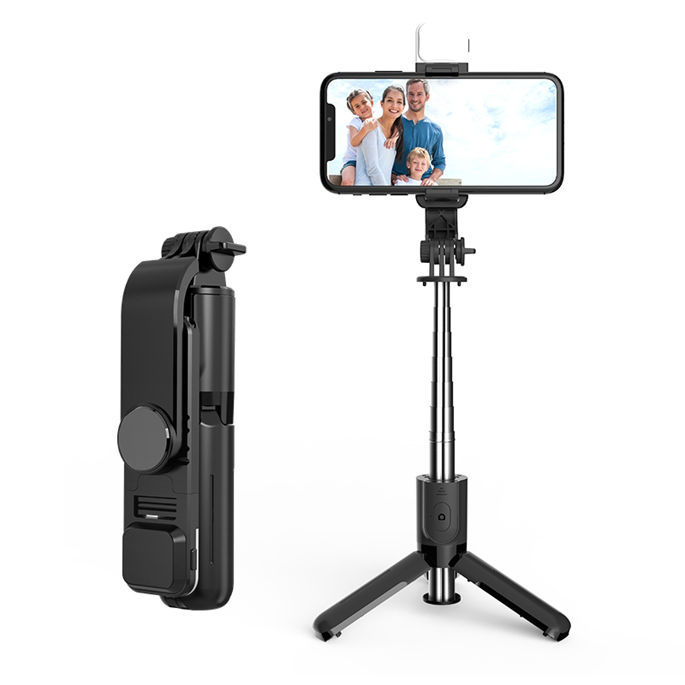 Levně Techsuit L11s Selfie Tyč Stativ Bluetooth LED Černá