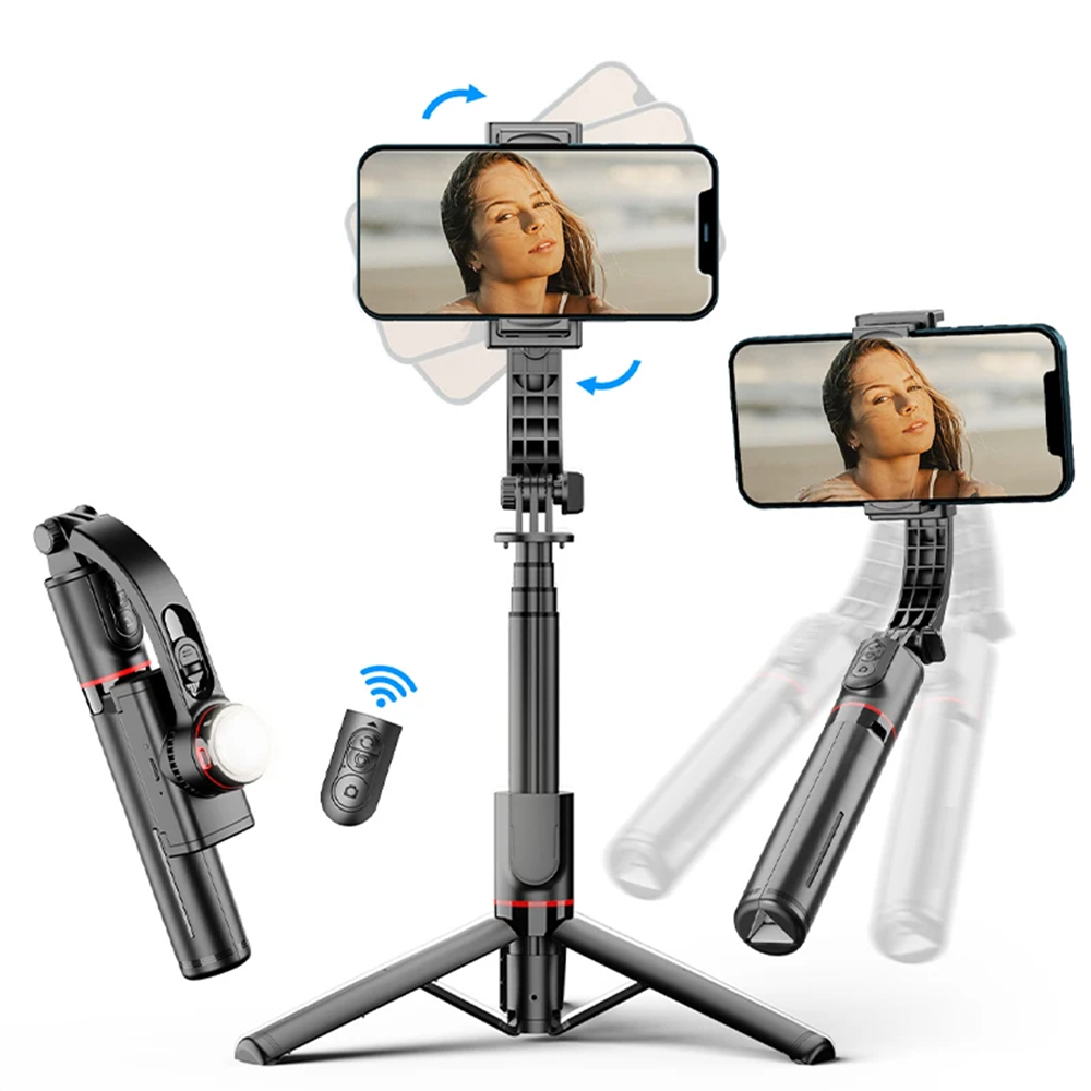 Levně Techsuit Selfie tyč L19s Gimbal stativ Bluetooth světlo 360 70cm Černá