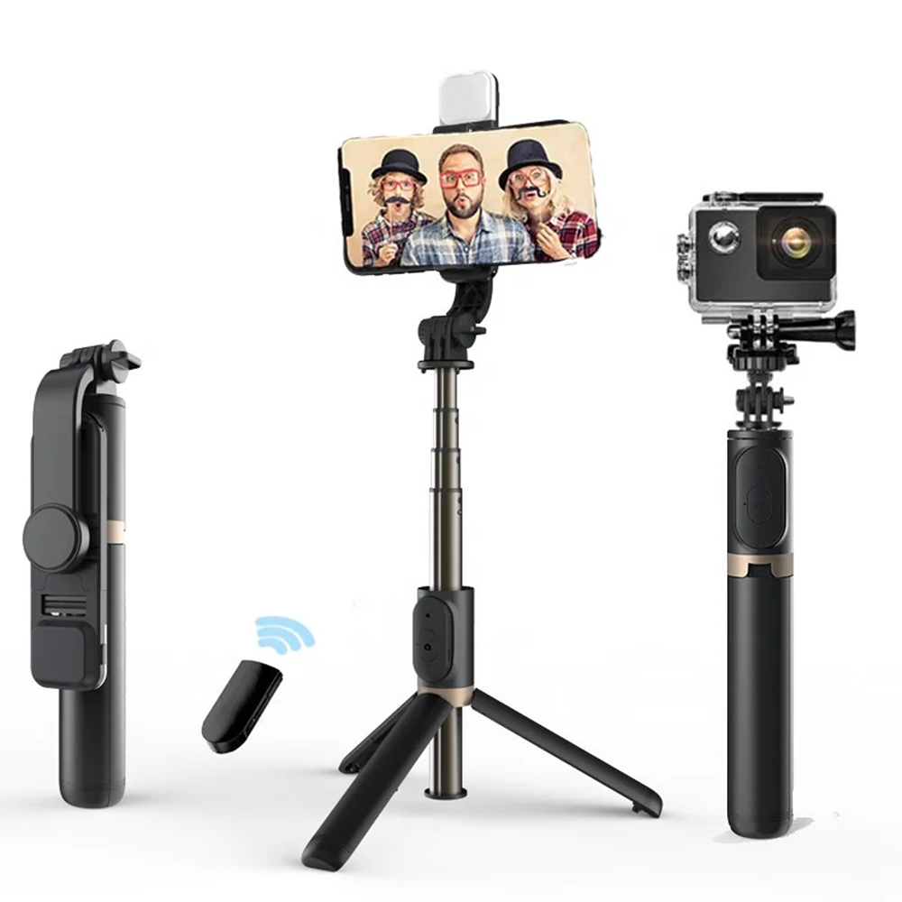 Levně Techsuit Selfie tyč Q03s Stativ Bluetooth Přisvětlení Černá