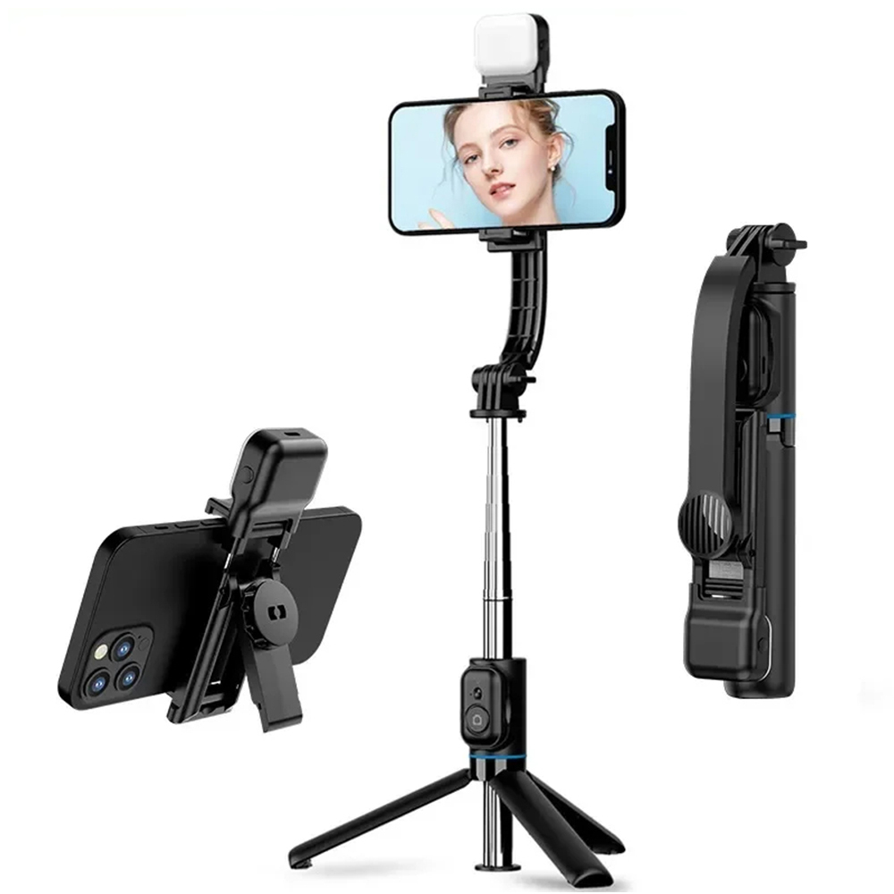 Levně Techsuit Selfie tyč C01s stativ Bluetooth světlo 107cm černá